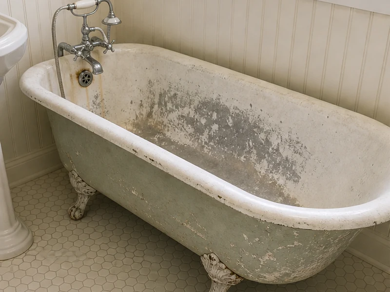 Worn antique cast-iron clawfoot tub with rust and chipped enamel in a Concord, CA bungalow before refinishing
