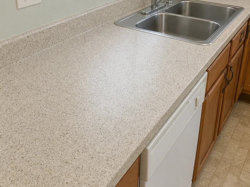 Same Ygnacio Valley kitchen countertop after refinishing to a modern stone-look finish, Concord, CA