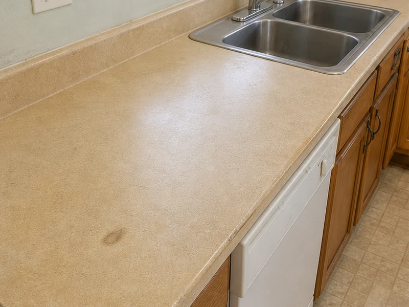 Worn tan laminate kitchen countertop with scratches and a burn mark in an Ygnacio Valley home before refinishing, Concord, CA