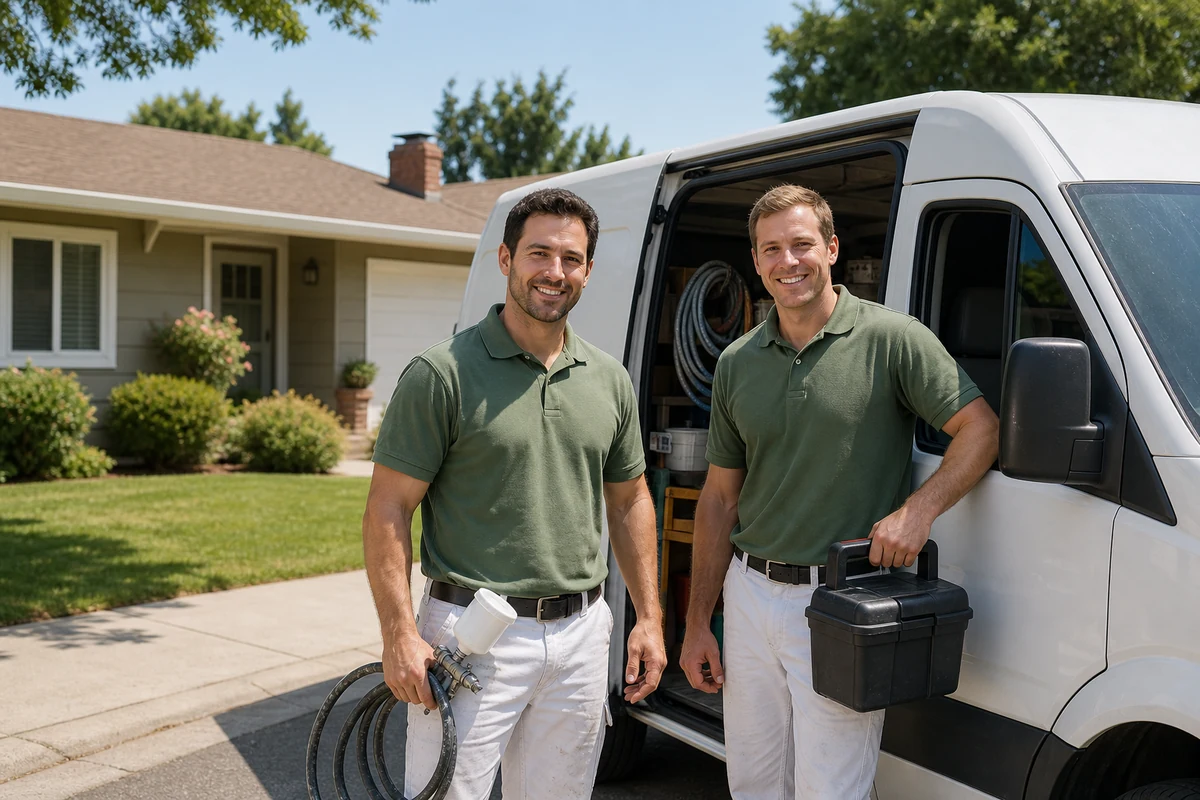 Concord Bathtub Resurfacing technicians beside their van outside a Concord ranch home