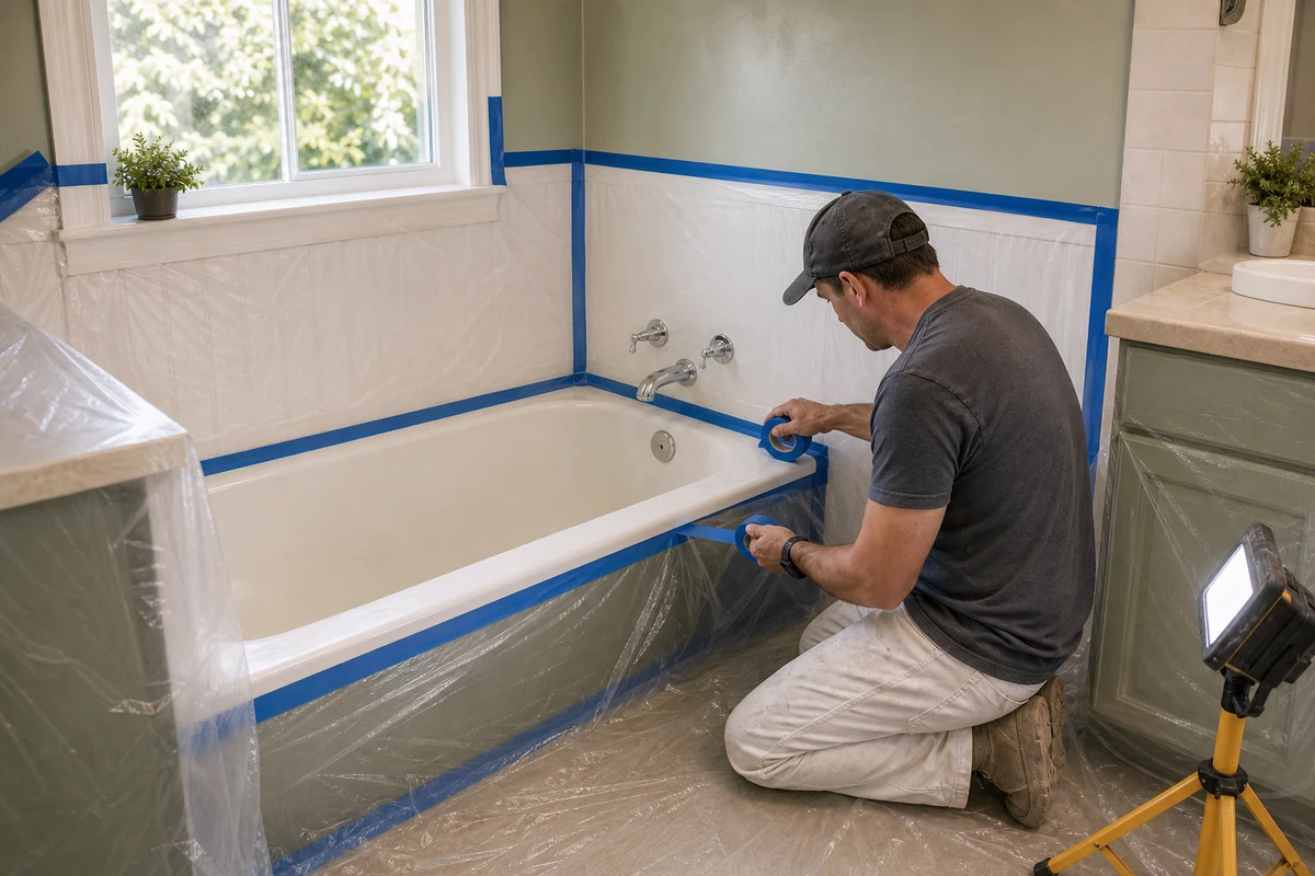Technician taping masking and plastic containment around a bathtub in a Concord bathroom before spraying
