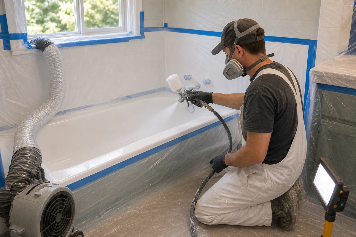 Refinishing technician in a respirator spraying an even white acrylic-urethane coat onto a prepped bathtub in Concord