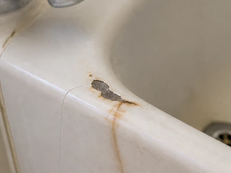 Chipped bathtub rim with rust stains in a Sun Terrace home before repair, Concord, CA