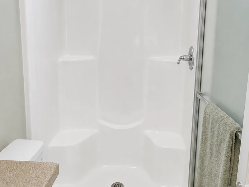Same fiberglass tub-and-shower unit refinished to bright white after reglazing in a Concord rental