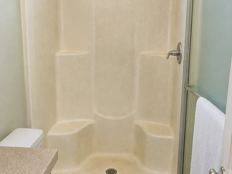 Faded crazed fiberglass tub-and-shower unit in a Monument Corridor rental before reglazing, Concord, CA